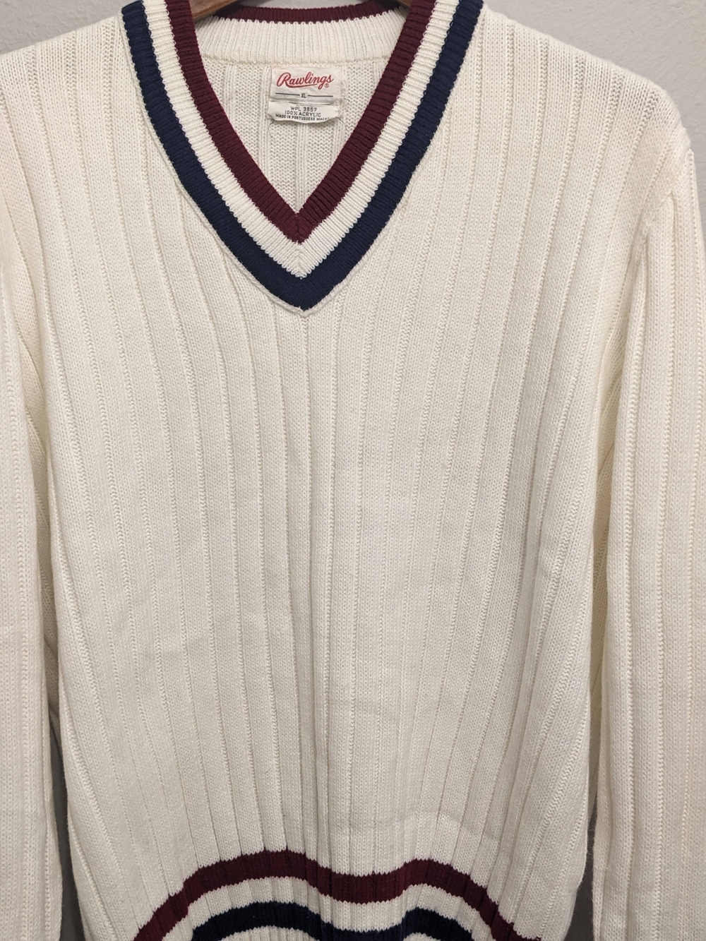 Rawlings Cream V-Neck Sweater with Navy and Burgundy Trim